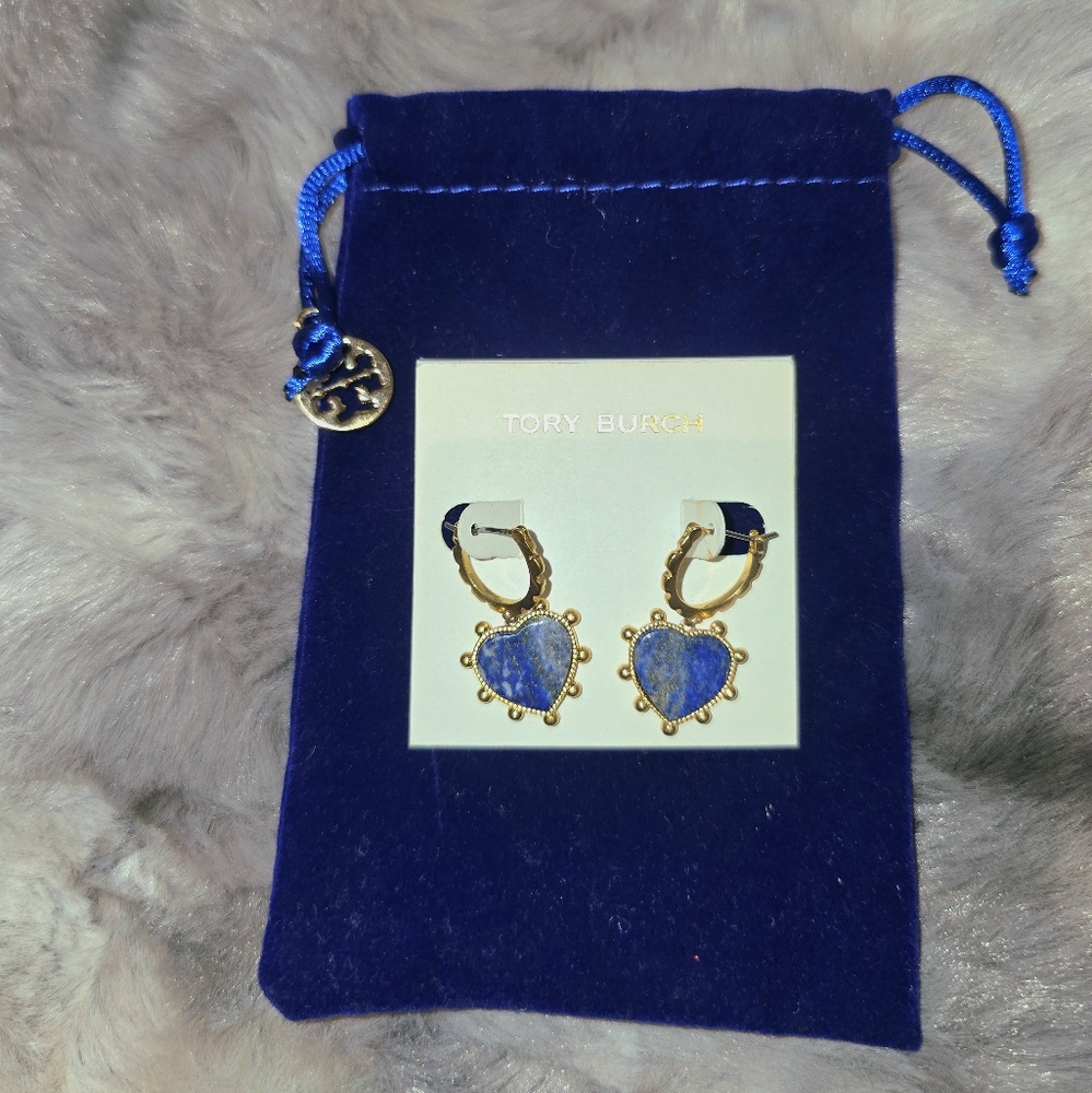 NWT Tory Burch Gold and Blue Heart-Shaped Earrings